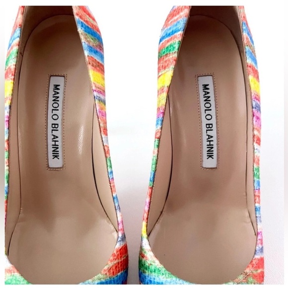 MANOLO BLAHNIK | BB Striped Colorful Rainbow Pointed Pumps Heels EU 37.5 - Picture 5 of 9